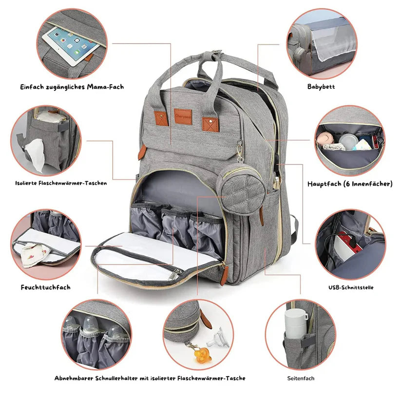 2-in-1 Baby Rucksack mit Wickelbett – Wickeltasche & Reisebett